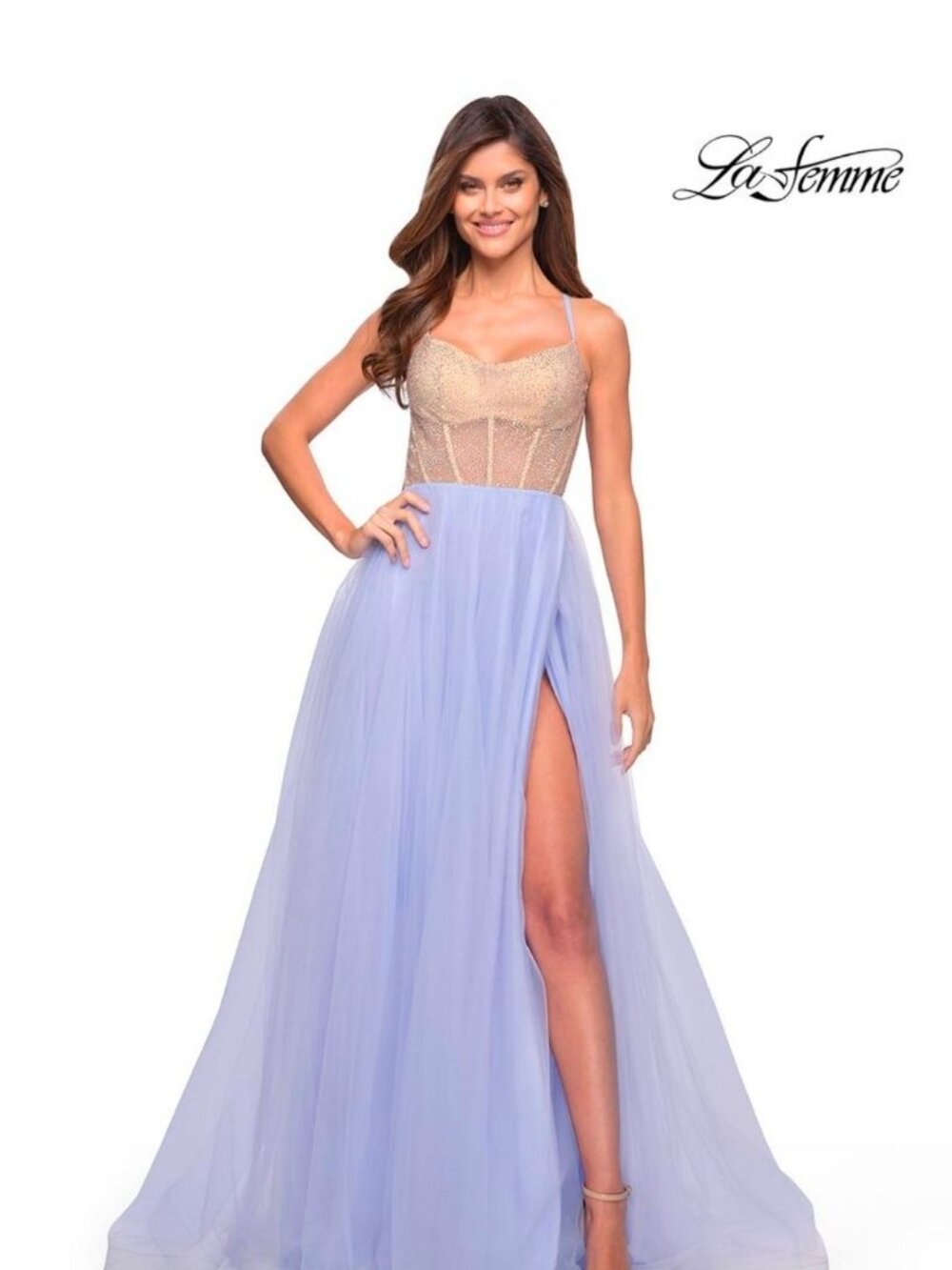 Size 10 La Femme 30697 Light Periwinkle Rhinestone Tulle Gown